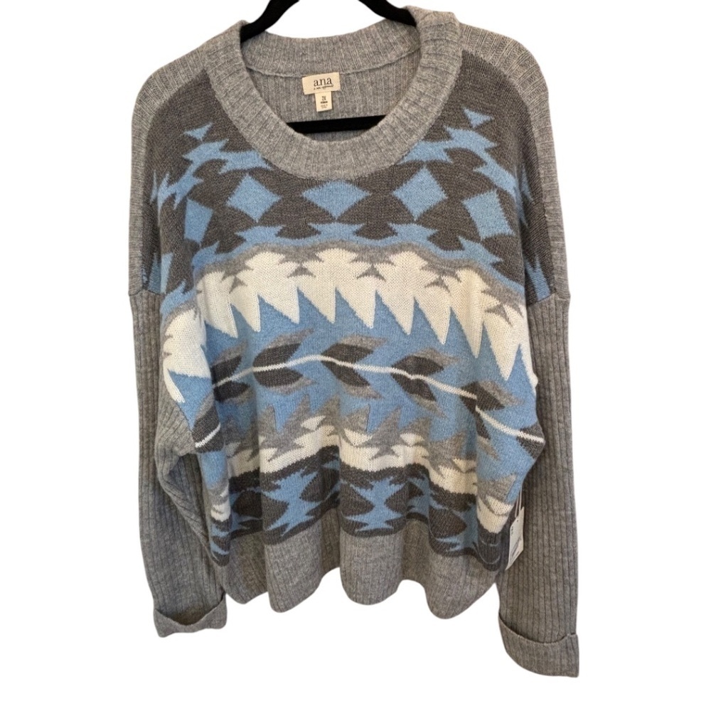 A.N.A. Grey Blue Design Size 2X Oversized Long Sleeve Round Neck Sweater NWT